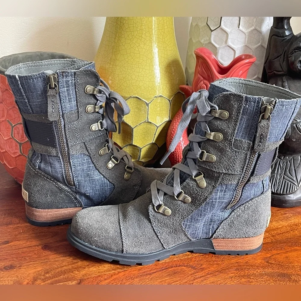 Sorel Major Carly Flat Combat Boots in Graphite and Blue - Picture 5 of 8